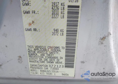 2016 Nissan Altima 2.5 S из США, поврежденный, VIN 1N4AL3AP5GN372123